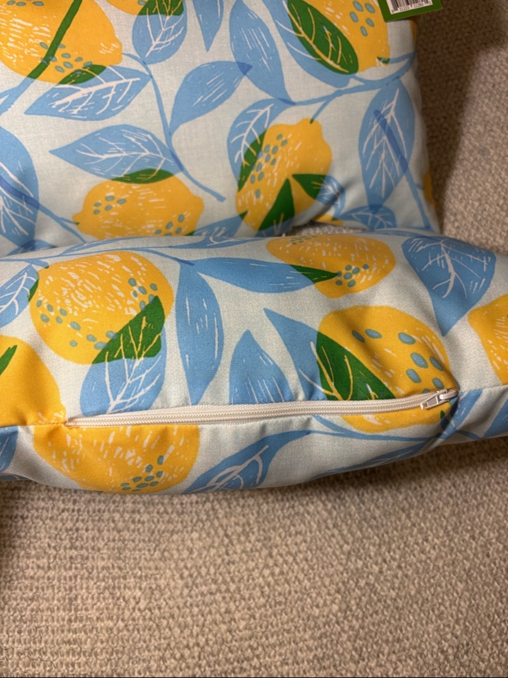 Set of 3 Accent Patio Pillows in Lemon Print Yellow and Light Blue - Picture 2 of 7